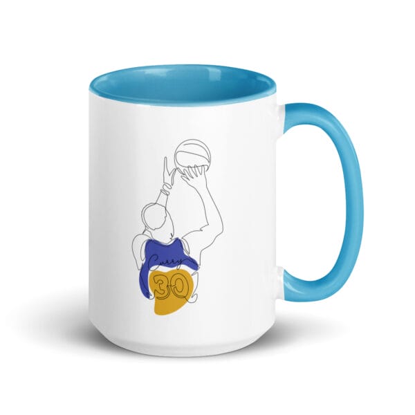 white ceramic Steph Curry 15 ounce mug with blue handle, line drawing of curry shooting (twice)