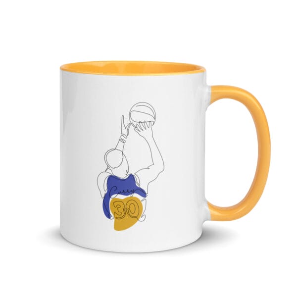 white ceramic Steph Curry 11 ounce mug with golden yellow handle, line drawing of curry shooting (twice)