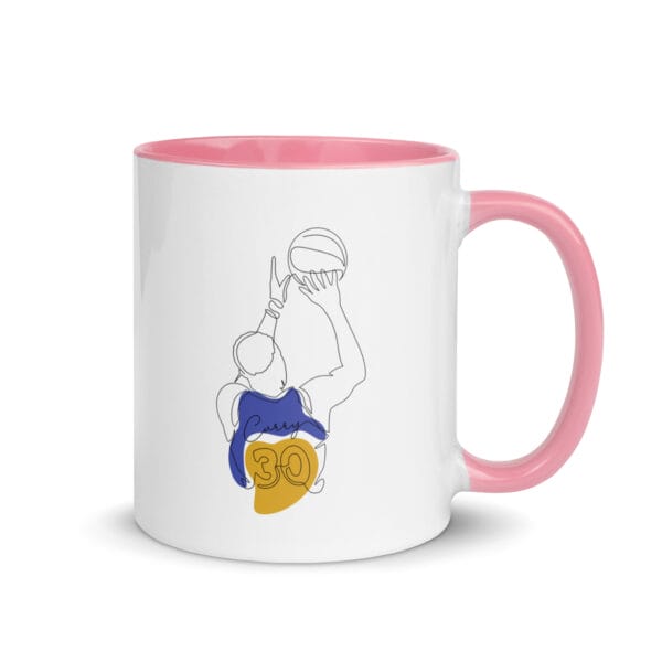 white ceramic Steph Curry 11 ounce mug with pink handle, line drawing of curry shooting (twice)