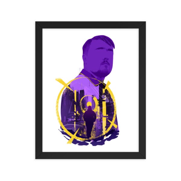 Luke Littler matte paper poster with black frame 11 by 14 inches with design in shades of purple and yellow