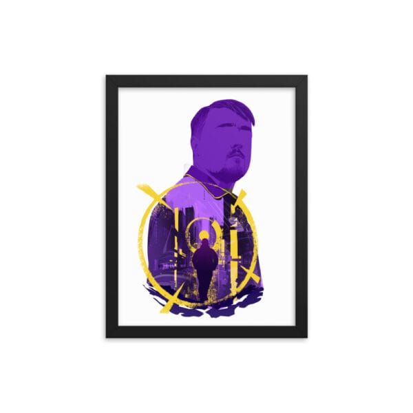 Luke Littler matte paper poster with black frame 12 by 16 inches with design in shades of purple and yellow