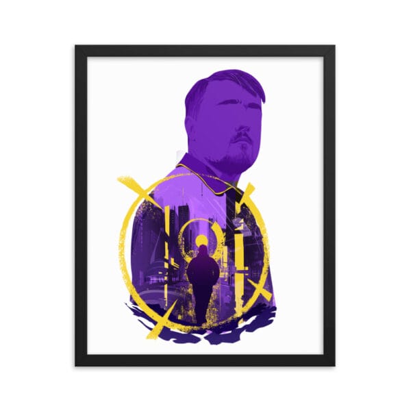 Luke Littler matte paper poster with black frame 16 by 20 inches with design in shades of purple and yellow