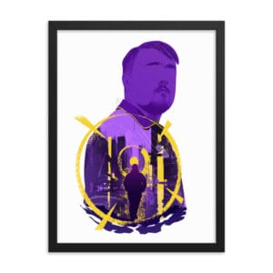 Luke Littler matte paper poster with black frame 18 by 24 inches with design in shades of purple and yellow