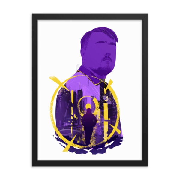 Luke Littler matte paper poster with black frame 18 by 24 inches with design in shades of purple and yellow