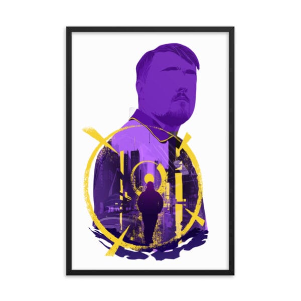 Luke Littler matte paper poster with black frame 24 by 36 inches with design in shades of purple and yellow