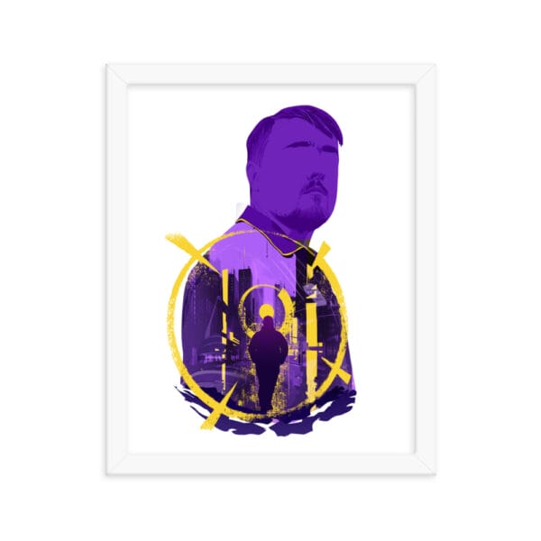 Luke Littler matte paper framed poster in white 11 by 14 inches with design in shades of purple and yellow