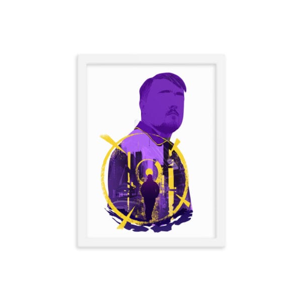 Luke Littler matte paper framed poster in white 12 by 16 inches with design in shades of purple and yellow