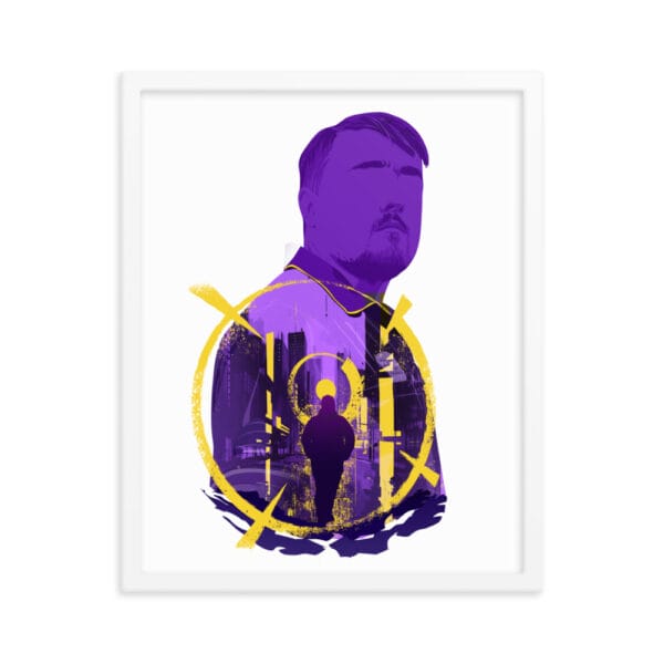 Luke Littler matte paper framed poster in white 16 by 20 inches with design in shades of purple and yellow