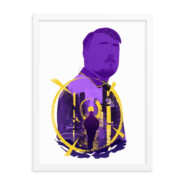 Luke Littler matte paper framed poster in white 18 by 24 inches with design in shades of purple and yellow