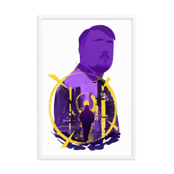 Luke Littler matte paper framed poster in white 24 by 36 inches with design in shades of purple and yellow