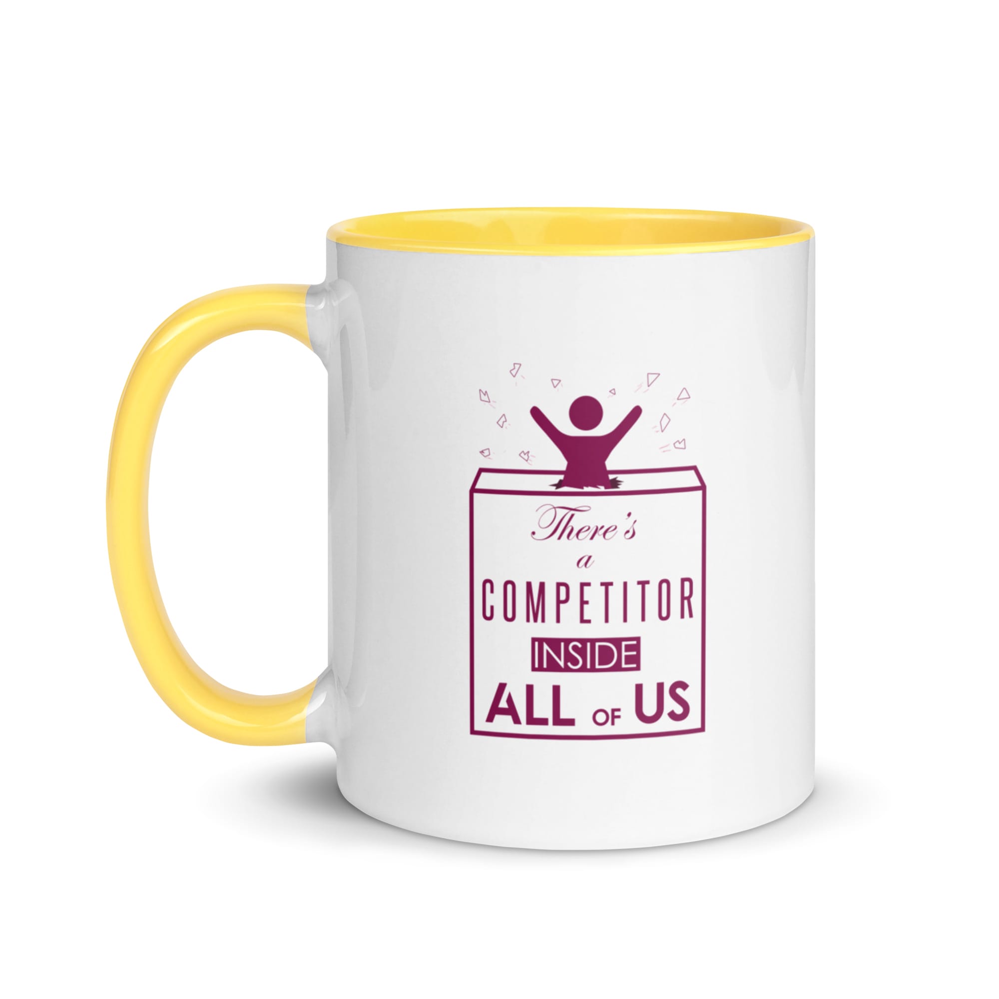 white ceramic mug with yellow colour inside, purple text "There's a competitor inside us all" with girl bursting out of a box