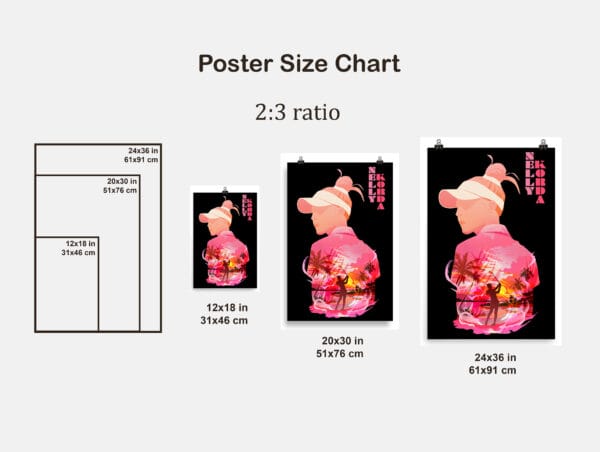 Nelly Korda poster size chart, two to three ratio, three sizes available, 12 by 18, 20 by 30 and 24 by 36