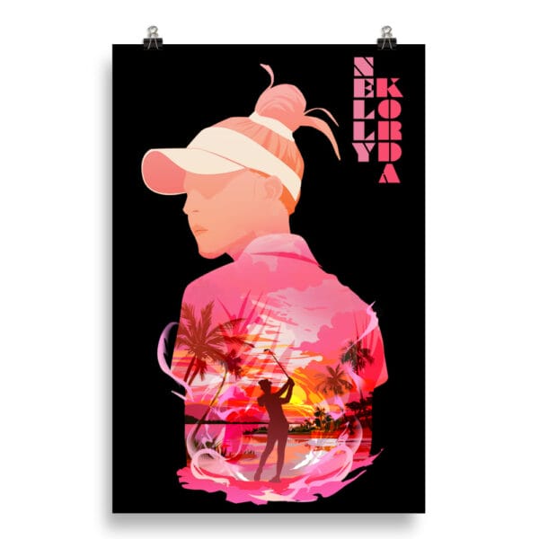 Nelly Korda poster on enhanced matte paper, 20 by 30 inches. Black background with colourful shades of pink of Nelly