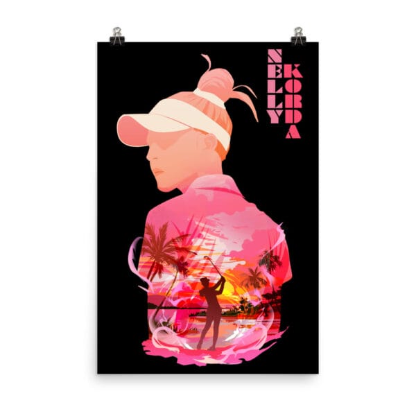 Nelly Korda poster on enhanced matte paper, 24 by 36 inches. Black background with colourful shades of pink of Nelly