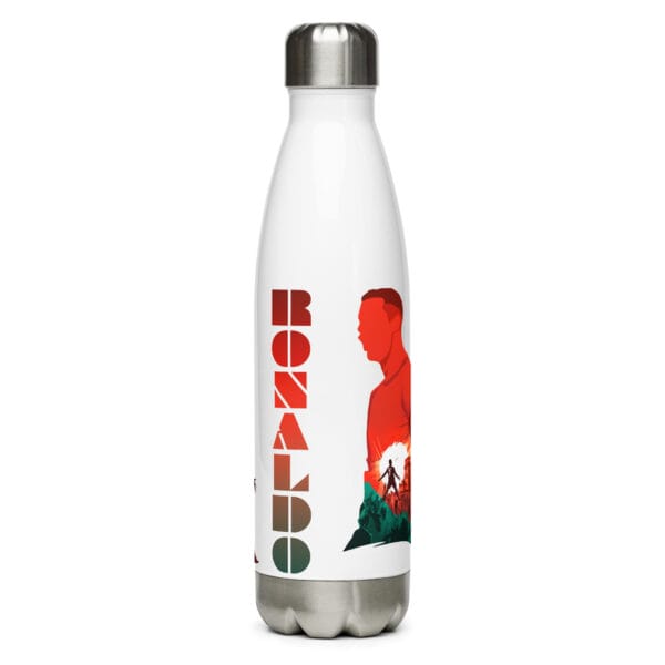 Cristiano Ronaldo stainless steel water bottle in white, with text 'Ronaldo' twice and two different siu celebrations