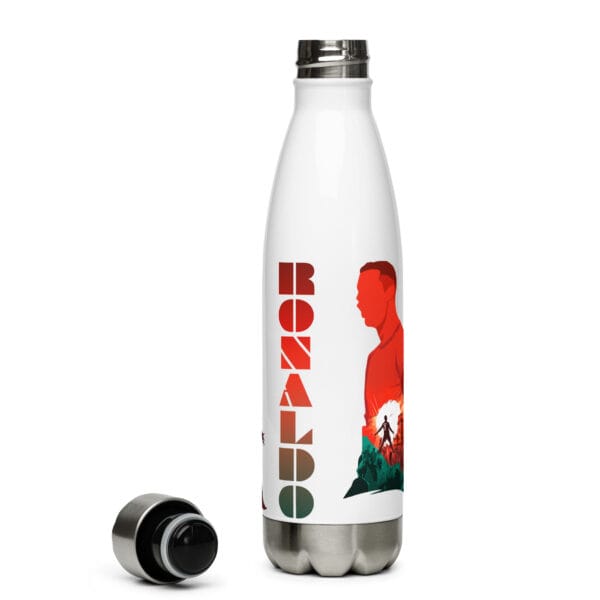 Cristiano Ronaldo stainless steel water bottle in white, with text 'Ronaldo' twice and two different siu celebrations