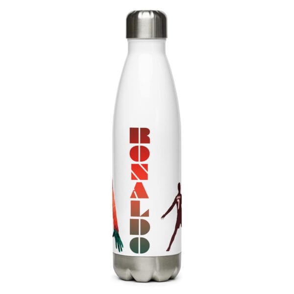 Cristiano Ronaldo stainless steel water bottle in white, with text 'Ronaldo' twice and two different siu celebrations