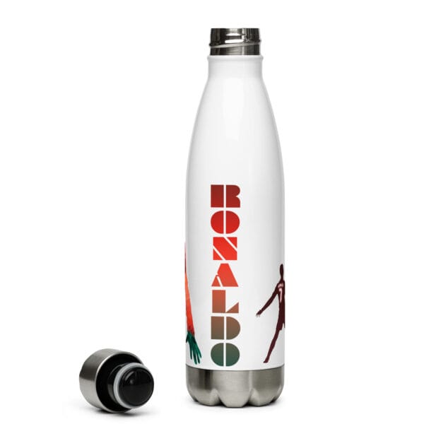 Cristiano Ronaldo stainless steel water bottle in white, with text 'Ronaldo' twice and two different siu celebrations