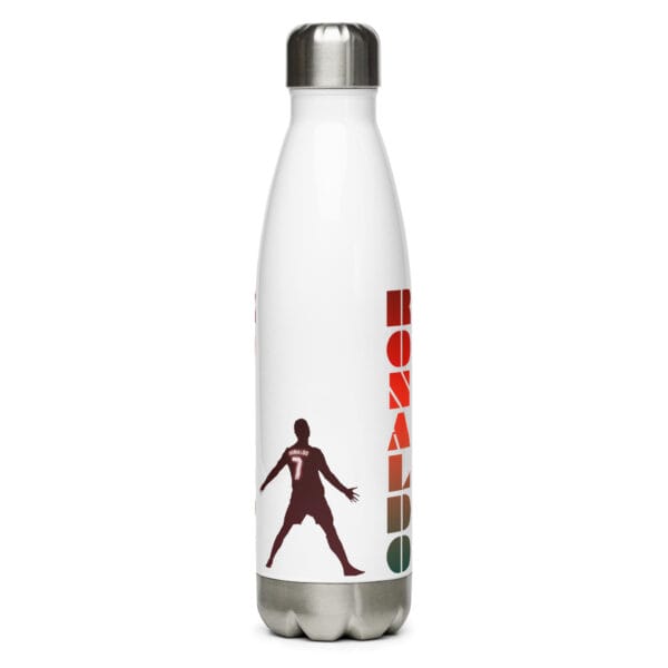 Cristiano Ronaldo stainless steel water bottle in white, with text 'Ronaldo' twice and two different siu celebrations