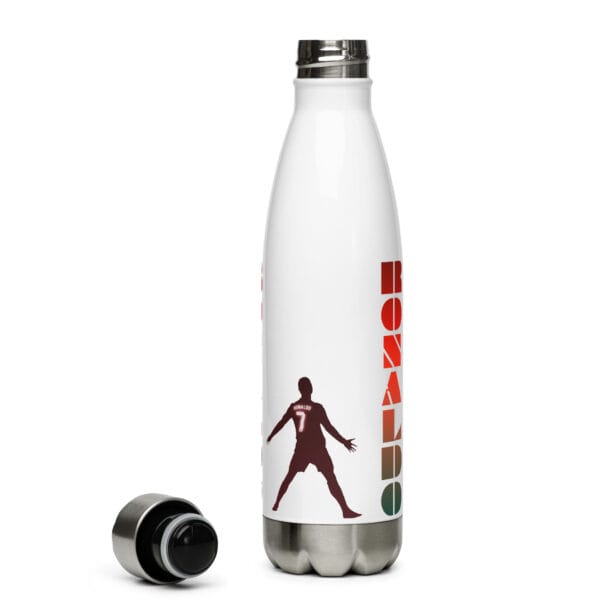 Cristiano Ronaldo stainless steel water bottle in white, with text 'Ronaldo' twice and two different siu celebrations