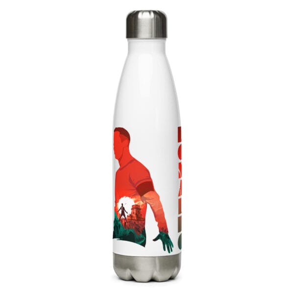 Cristiano Ronaldo stainless steel water bottle in white, with text 'Ronaldo' twice and two different siu celebrations