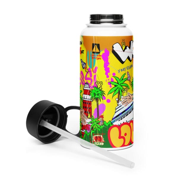 Lionel Messi stainless steel water bottle, 32 liquid ounces, with a straw lid. Vibrant colourful Miami scene with Messi celebrating