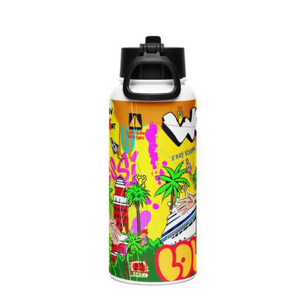 Leo Messi stainless steel water bottle, 32 liquid ounces, with a straw lid. Vibrant colourful Miami scene with Messi celebrating