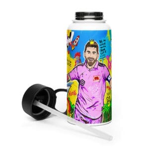 Lionel Messi stainless steel water bottle, 32 liquid ounces, with a straw lid. Vibrant colourful Miami scene with Messi celebrating