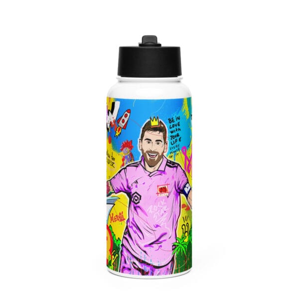 Leo Messi stainless steel water bottle, 32 liquid ounces, with a straw lid. Vibrant colourful Miami scene with Messi celebrating