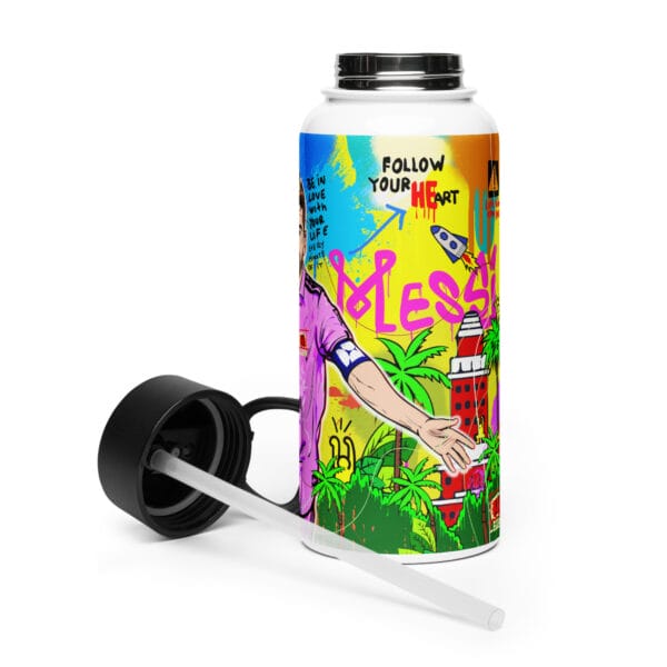 Lionel Messi stainless steel water bottle, 32 liquid ounces, with a straw lid. Vibrant colourful Miami scene with Messi celebrating