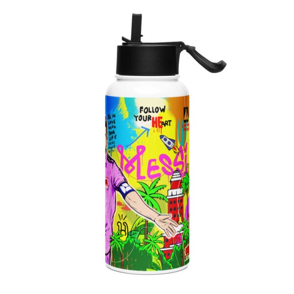 Leo Messi stainless steel water bottle, 32 liquid ounces, with a straw lid. Vibrant colourful Miami scene with Messi celebrating