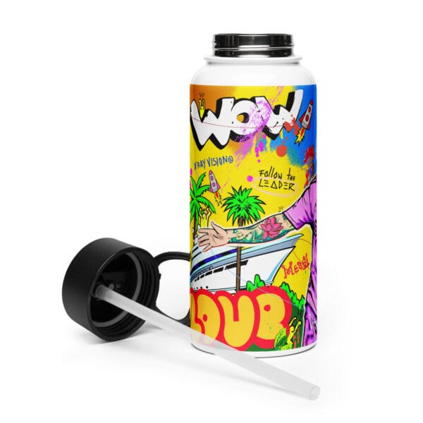 Lionel Messi stainless steel water bottle, 32 liquid ounces, with a straw lid. Vibrant colourful Miami scene with Messi celebrating