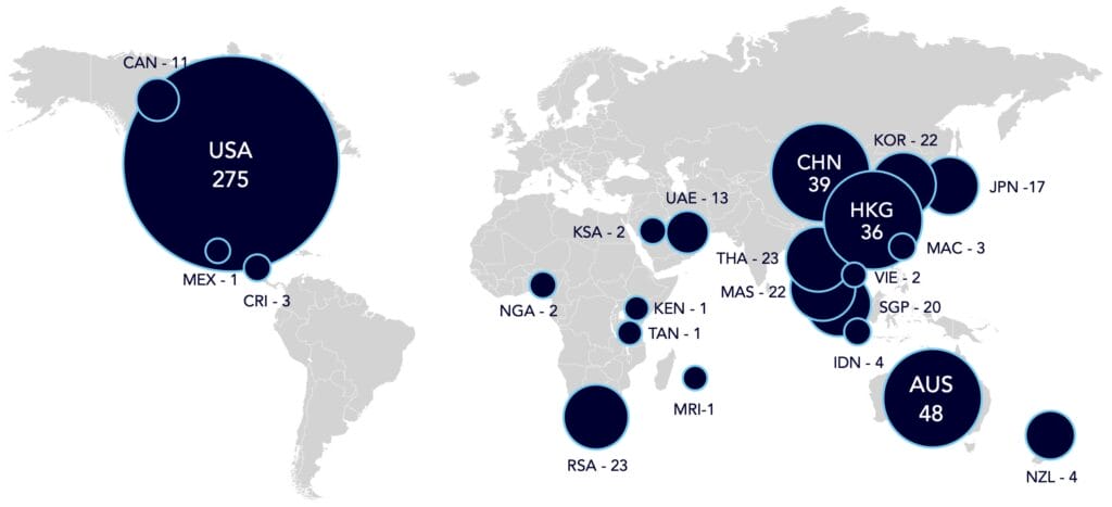 World Map showing location and amount of fiendly games played by Premier League clubs