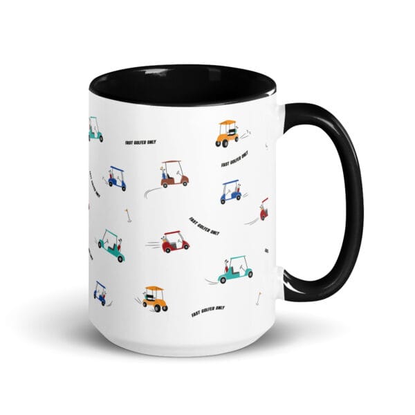 white ceramic 15 ounce mug with black colour inside and handle. Fast golfer pattern made up lots of speeding golfing buggies
