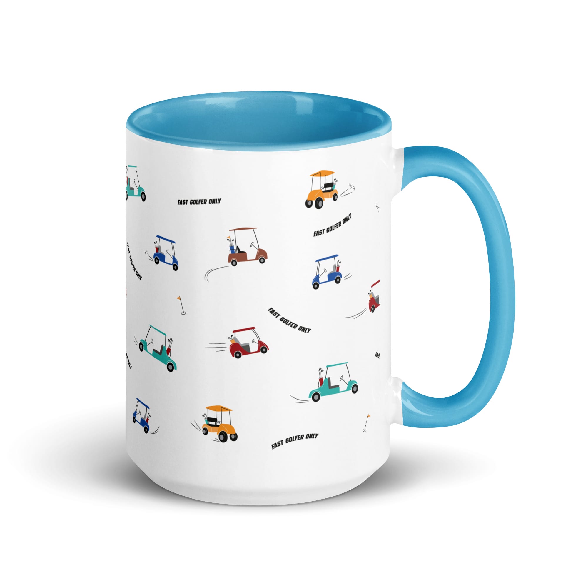 white ceramic 15 ounce mug with blue colour inside and handle. Fast golfer pattern made up lots of speeding golfing buggies