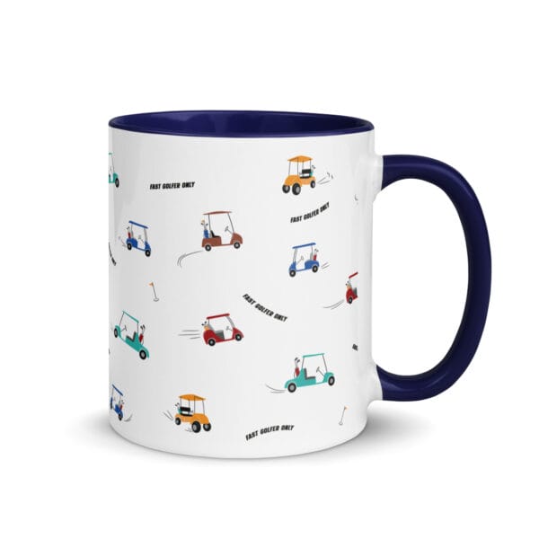 white ceramic 11 ounce mug with dark blue colour inside and handle. Fast golfer pattern made up lots of speeding golfing buggies