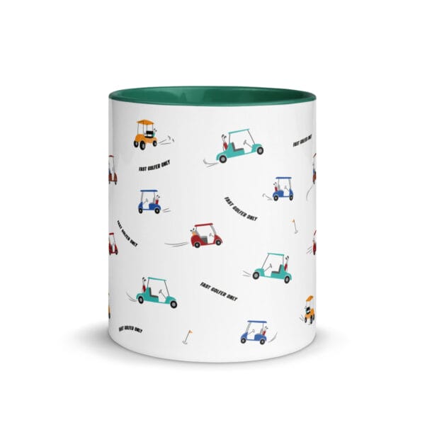 white ceramic 11 ounce mug with dark green colour inside and handle. Fast golfer pattern made up lots of speeding golfing buggies