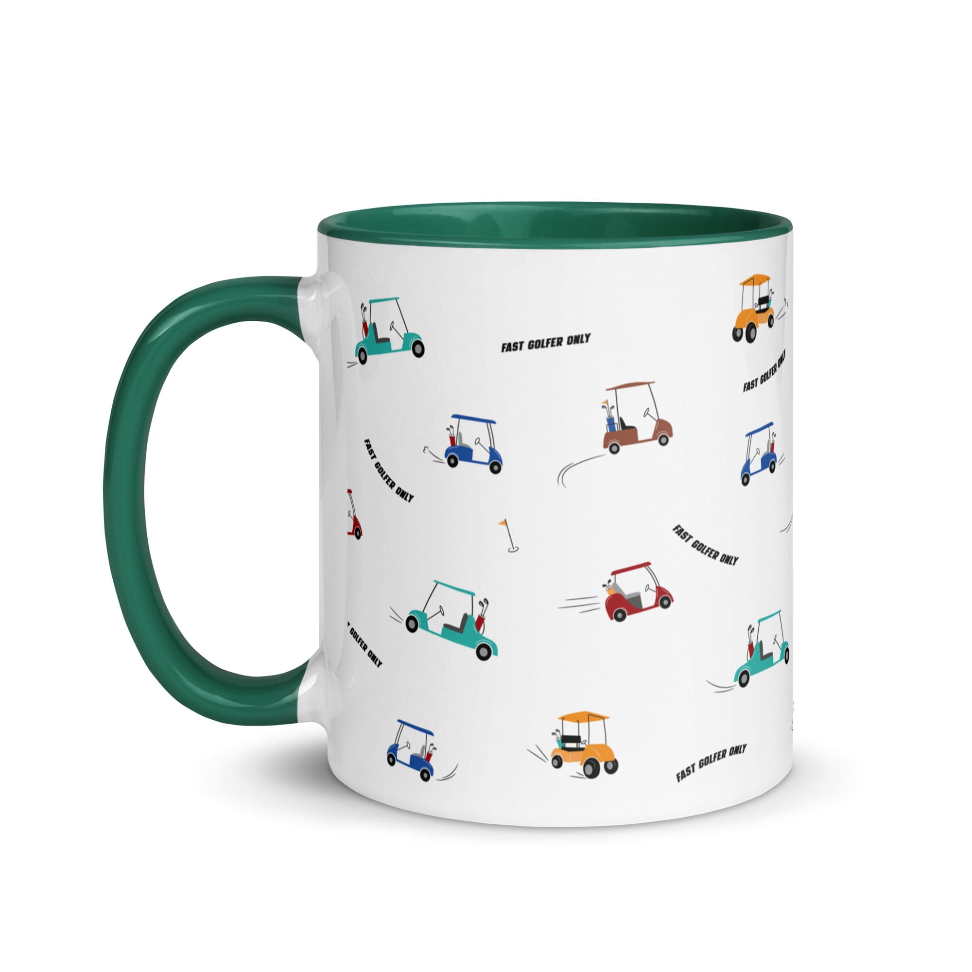 white ceramic 11 ounce mug with dark green colour inside and handle. Fast golfer pattern made up lots of speeding golfing buggies