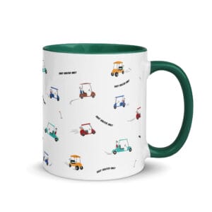 white ceramic 11 ounce mug with dark green colour inside and handle. Fast golfer pattern made up lots of speeding golfing buggies