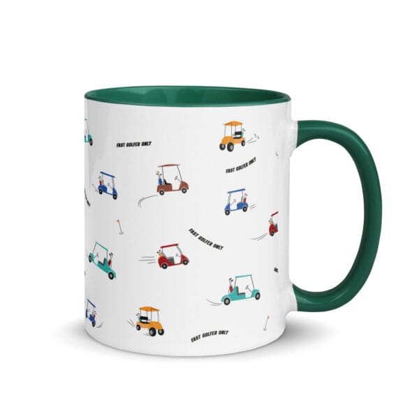 white ceramic 11 ounce mug with dark green colour inside and handle. Fast golfer pattern made up lots of speeding golfing buggies