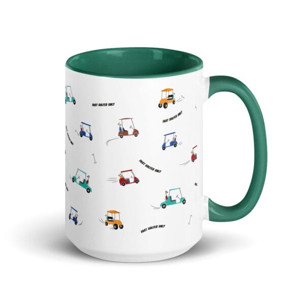 white ceramic 15 ounce mug with dark green colour inside and handle. Fast golfer pattern made up lots of speeding golfing buggies
