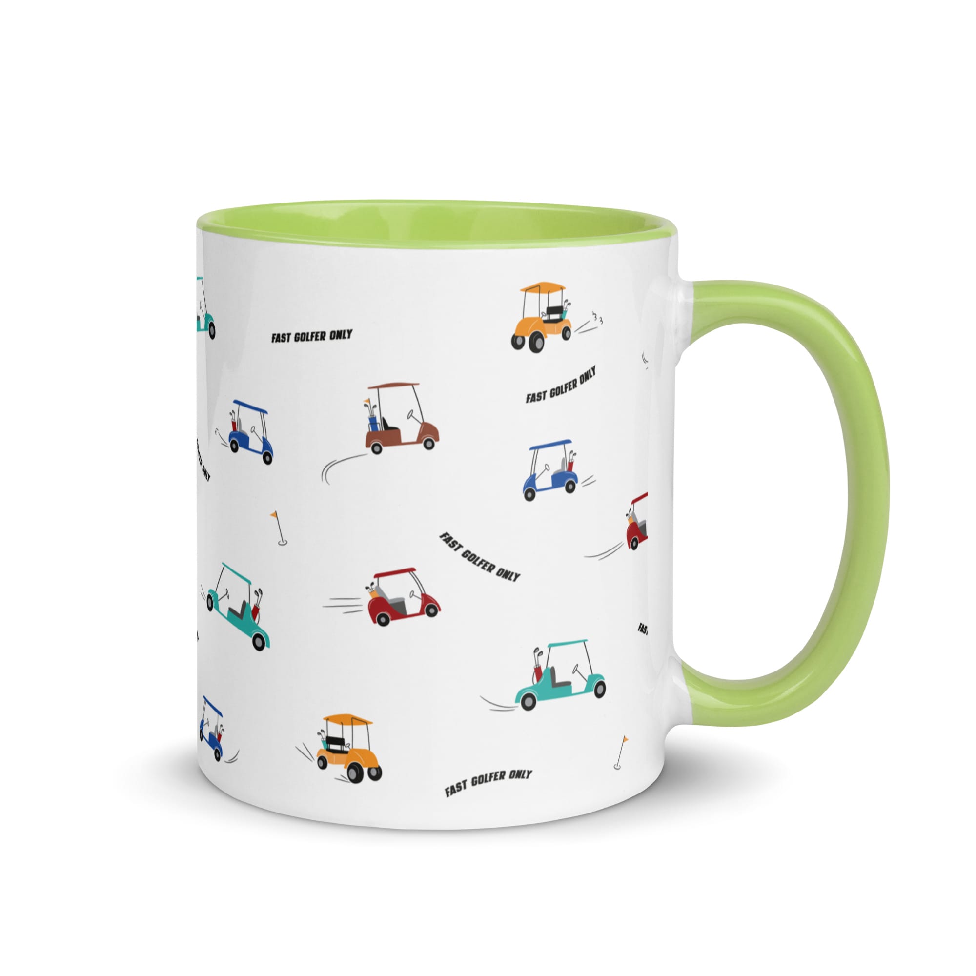 white ceramic 11oz mug with green colour inside and handle. Fast golfer pattern made up lots of speeding golfing buggies