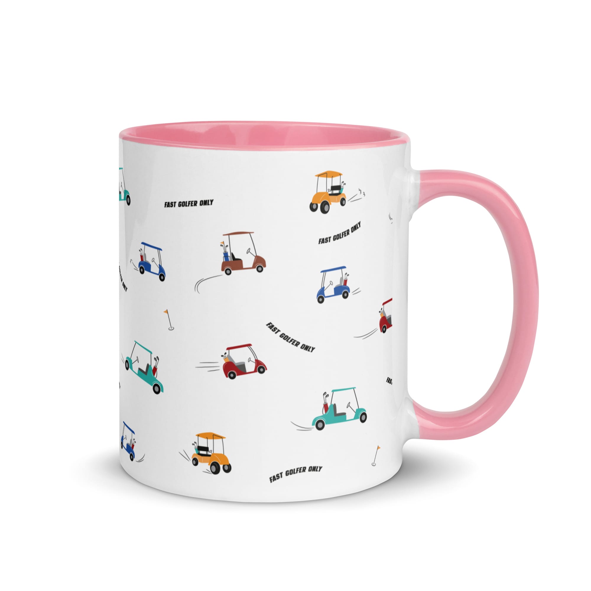 white ceramic 11oz mug with pink colour inside and handle. Fast golfer pattern made up lots of speeding golfing buggies