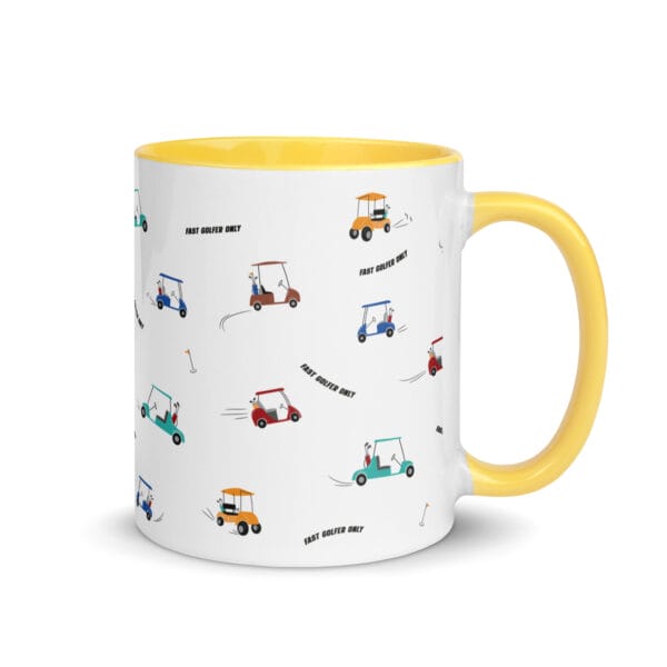 white ceramic 11oz mug with yellow colour inside and handle. Fast golfer pattern made up lots of speeding golfing buggies