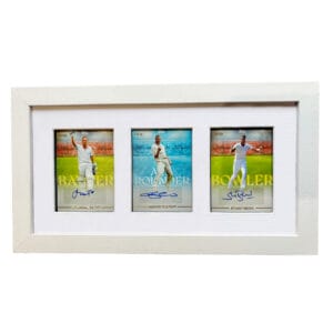 England cricket memorabilia, three sports cards signed by Flintoff, Broad and Trott.