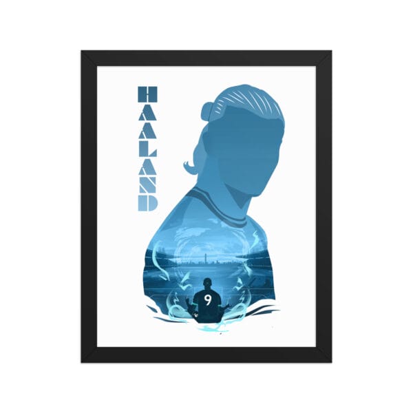Erling haaland black framed poster 11 by 14 with Haaland silhouette filled with great detail
