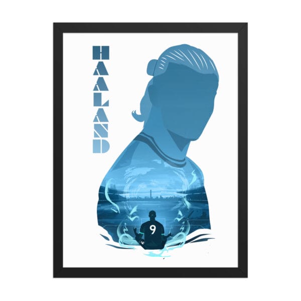 Erling haaland black framed poster 18 by 24 with Haaland silhouette filled with great detail