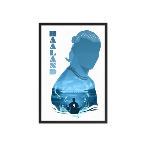 Erling haaland black framed poster 20 by 30 with Haaland silhouette filled with great detail