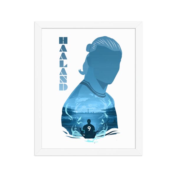 Erling haaland white framed poster 11 by 14 with Haaland silhouette filled with great detail