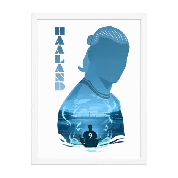Erling haaland white framed poster 18 by 24 with Haaland silhouette filled with great detail